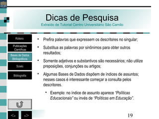 19<- ->
Dicas de Pesquisa
Extraído de Tutorial Centro Universitário São Camilo
 Prefira palavras que expressem os descritores no singular;
 Substitua as palavras por sinônimos para obter outros
resultados;
 Somente adjetivos e substantivos são necessários; não utilize
preposições, conjunções ou artigos;
 Algumas Bases de Dados dispõem de índices de assuntos;
nesses casos é interessante começar a consulta pelos
descritores.
 Exemplo: no índice de assunto aparece “Políticas
Educacionais” ou invés de “Políticas em Educação”.
Bases de Dados
Bibliográficos
Scielo
Bibliografia
Roteiro
Publicações
Científicas
 