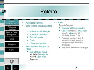 2<- ->
Roteiro
 Publicações Científicas
 Como avaliar a produção científica
?
 Indicadores de Publicação
 Indicadores de Citação
 Fator de Impacto
 Qualis
 Leitura Complementar
 Bases de Dados Bibliográficos
(BDB)
 BDB Conceitos (Banco
de Dados, Descritor de
Assunto, Operadores
Boleanos)
 Scielo
Tipos de Pesquisa:
 Pesquisar o título do periodico
 Listagem alfabética; listagem por
assunto; sobre o periódico,
fascículos do perioódico
 Pesquisar o artigo: Índice de
autores, índice de assuntos,
pesquisa artigos (formulário
avançado)
 Resultados da Pesquisa; Serviços
Publicações
Científicas
Bases de Dados
Bibliográficos
Scielo
Bibliografia
Créditos
Roteiro
Você etsá aqui
 