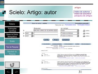 31<- ->
Scielo: Artigo: autor
Bases de Dados
Bibliográficos
Scielo
Roteiro
Publicações
Científicas
Resultado da
Pesquisa
Tipo de Pesquisa
 