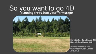 So you want to go 4Dplanning trees into your farmscape
Christopher Buschhaus, PhD
Hannah Buschhaus, MSc
ACORN Conference 2015
Charlottetown, PEI, Canada
2015.11.25
 