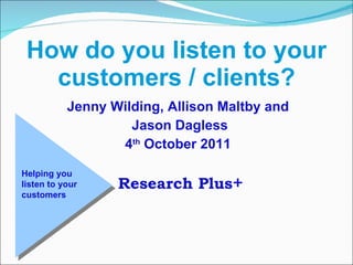 How do you listen to your customers / clients? ,[object Object],[object Object],[object Object],[object Object],Helping you listen to your customers 