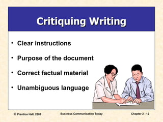 Critiquing Writing Clear instructions Purpose of the document Correct factual material Unambiguous language 