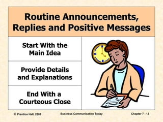 Routine Announcements, Replies and Positive Messages Start With the Main Idea Provide Details and Explanations End With a  Courteous Close 
