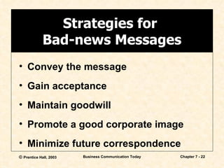 Strategies for  Bad-news Messages Convey the message Gain acceptance Maintain goodwill Promote a good corporate image Minimize future correspondence 