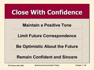 Close With Confidence Maintain a Positive Tone Limit Future Correspondence Remain Confident and Sincere Be Optimistic About the Future 