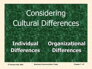 Considering Cultural Differences Individual Differences Organizational Differences 