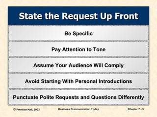 State the Request Up Front Assume Your Audience Will Comply Be Specific Punctuate Polite Requests and Questions Differently Pay Attention to Tone Avoid Starting With Personal Introductions 