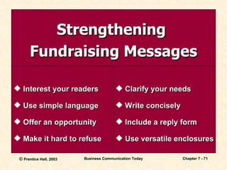 Strengthening  Fundraising Messages Interest your readers Use simple language Offer an opportunity Make it hard to refuse Clarify your needs Write concisely Include a reply form Use versatile enclosures 