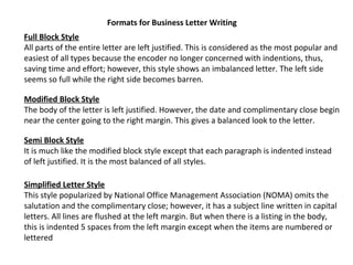 Formats for Business Letter Writing
Full Block Style
All parts of the entire letter are left justified. This is considered as the most popular and
easiest of all types because the encoder no longer concerned with indentions, thus,
saving time and effort; however, this style shows an imbalanced letter. The left side
seems so full while the right side becomes barren.
Modified Block Style
The body of the letter is left justified. However, the date and complimentary close begin
near the center going to the right margin. This gives a balanced look to the letter.
Semi Block Style
It is much like the modified block style except that each paragraph is indented instead
of left justified. It is the most balanced of all styles.
Simplified Letter Style
This style popularized by National Office Management Association (NOMA) omits the
salutation and the complimentary close; however, it has a subject line written in capital
letters. All lines are flushed at the left margin. But when there is a listing in the body,
this is indented 5 spaces from the left margin except when the items are numbered or
lettered

 