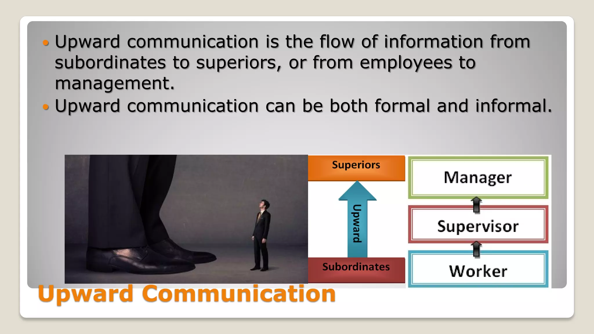 Upward Communication
 Upward communication is the flow of information from
subordinates to superiors, or from employees to
management.
 Upward communication can be both formal and informal.
 