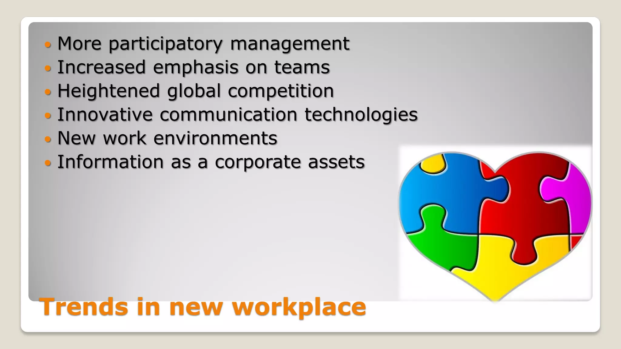 Trends in new workplace
 More participatory management
 Increased emphasis on teams
 Heightened global competition
 Innovative communication technologies
 New work environments
 Information as a corporate assets
 