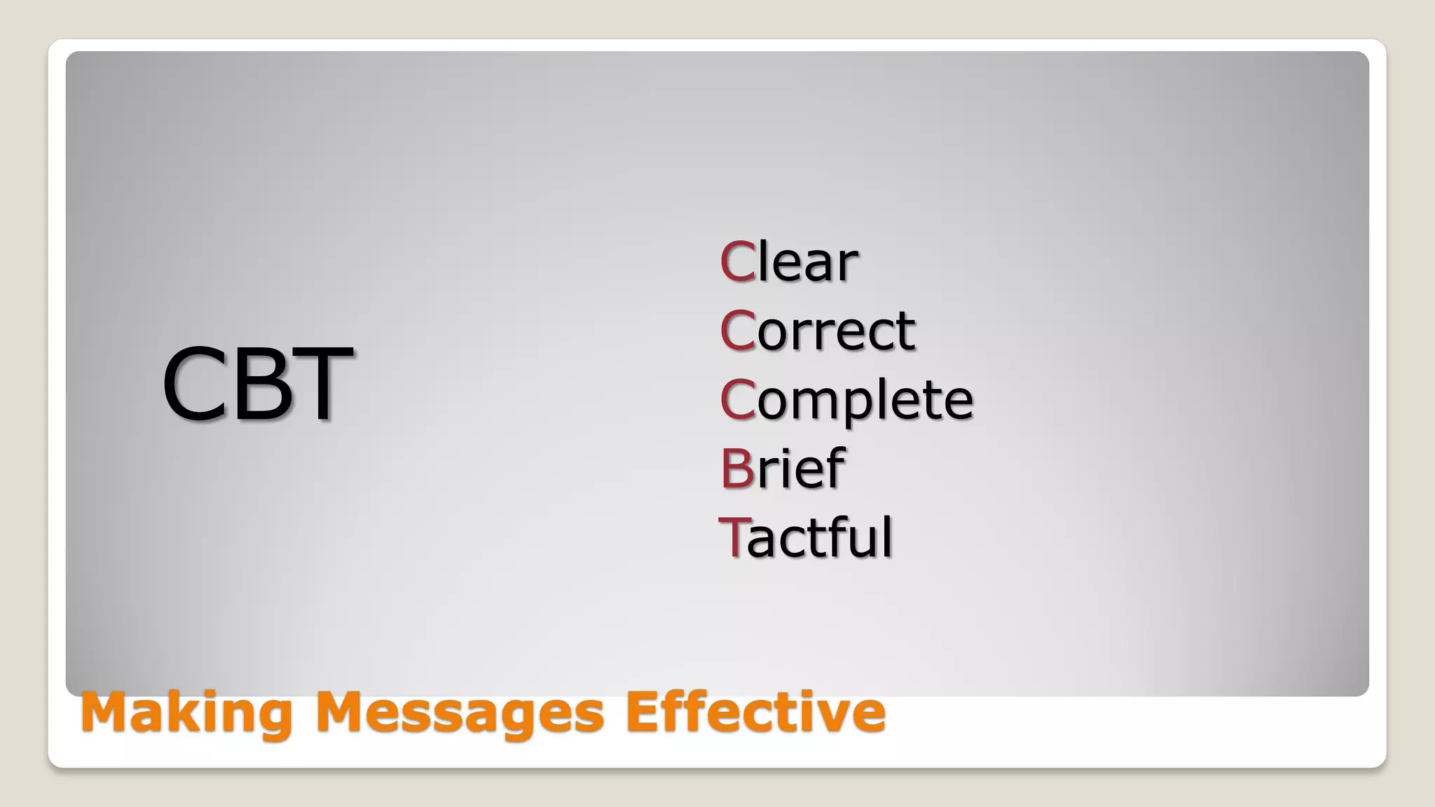 Making Messages Effective
Clear
Correct
Complete
Brief
Tactful
CBT
 