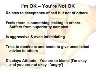 I’m OK – You’re Not OK Relates to acceptance of self but not of others Feels there is something lacking in others. Suffers from superiority complex Is aggressive & even intimidating Tries to dominate and tends to give unsolicited advice to others Displays Attitude - You are to blame (I'm okay and you are not okay - 'angry')  