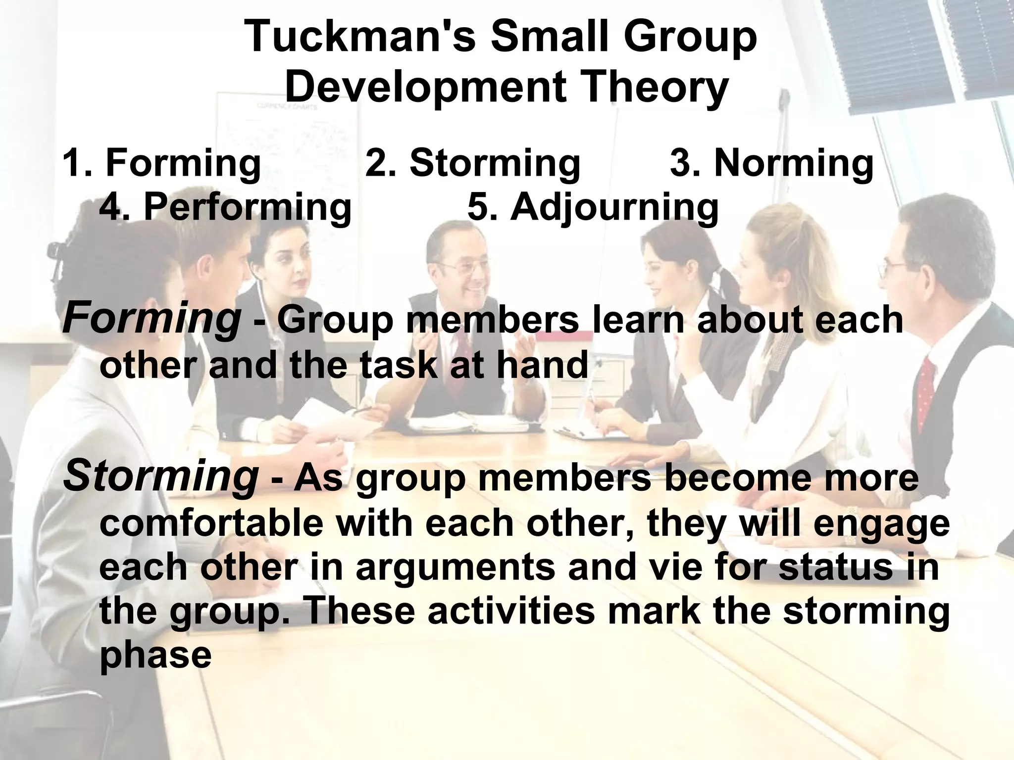 Tuckman's Small Group  Development Theory 1. Forming 2. Storming 3. Norming  4. Performing 5. Adjourning Forming  - Group members learn about each other and the task at hand Storming  - As group members become more comfortable with each other, they will engage each other in arguments and vie for status in the group. These activities mark the storming phase 