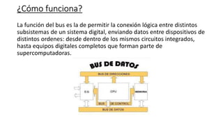 ¿Cómo funciona?
La función del bus es la de permitir la conexión lógica entre distintos
subsistemas de un sistema digital, enviando datos entre dispositivos de
distintos ordenes: desde dentro de los mismos circuitos integrados,
hasta equipos digitales completos que forman parte de
supercomputadoras.
 