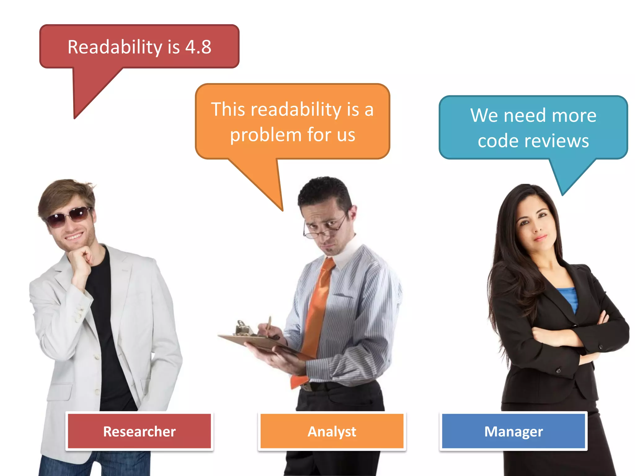 Researcher
Researcher Manager
We need more
code reviews
Readability is 4.8
Analyst
This readability is a
problem for us
 