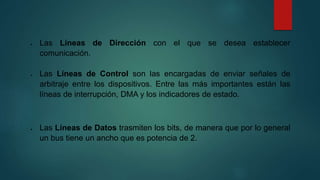  Las Líneas de Dirección con el que se desea establecer
comunicación.
 Las Líneas de Control son las encargadas de enviar señales de
arbitraje entre los dispositivos. Entre las más importantes están las
líneas de interrupción, DMA y los indicadores de estado.
 Las Líneas de Datos trasmiten los bits, de manera que por lo general
un bus tiene un ancho que es potencia de 2.
 