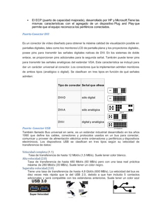  El ECP (puerto de capacidad mejorada), desarrollado por HP y Microsoft.Tiene las 
mismas características con el agregado de un dispositivo Plug and Play que 
permite que el equipo reconozca los periféricos conectados. 
Puerto Conector DVI 
Es un conector de vídeo diseñado para obtener la máxima calidad de visualización posible en 
pantallas digitales, tales como los monitores LCD de pantalla plana y los proyectores digitales , 
posee pins para transmitir las señales digitales nativas de DVI. En los sistemas de doble 
enlace, se proporcionan pins adicionales para la segunda señal. También puede tener pins 
para transmitir las señales analógicas del estándar VGA. Esta característica se incluyó para 
dar un carácter universal al conector. Los conectores que la implementan admiten monitores 
de ambos tipos (analógico o digital). Se clasifican en tres tipos en función de qué señales 
admiten: 
Tipo de conector Señal que ofrece 
DVI-D sólo digital 
DVI-A sólo analógica 
DVI-I digital y analógica 
Puerto Conector USB 
También llamado Bus universal en serie, es un estándar industrial desarrollado en los años 
1990 que define los cables, conectores y protocolos usados en un bus para conectar, 
comunicar y proveer de alimentación eléctrica entre ordenadores y periféricos y dispositivos 
electrónicos. Los dispositivos USB se clasifican en tres tipos según su velocidad de 
transferencia de datos: 
Velocidad completa (1.1) 
Tasa de transferencia de hasta 12 Mbit/s (1,5 MB/s). Suele tener color blanco. 
Alta velocidad (2.0) 
Tasa de transferencia de hasta 480 Mbit/s (60 MB/s) pero con una tasa real práctica 
máxima de 280 Mbit/s (35 MB/s). Suele tener un color negro. 
Superalta velocidad (3.0) 
Tiene una tasa de transferencia de hasta 4,8 Gbit/s (600 MB/s). La velocidad del bus es 
diez veces más rápida que la del USB 2.0, debido a que han incluido 5 contactos 
adicionales y será compatible con los estándares anteriores. Suele tener un color azul 
 