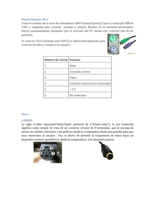 Puerto Conector PS-2 
Toma su nombre de la serie de ordenadores IBM Personal System/2 que es creada por IBM en 
1987, y empleada para conectar teclados y ratones. Muchos de los adelantos presentados 
fueron inmediatamente adoptados por el mercado del PC, siendo este conector uno de los 
primeros. 
El conector PS/2 (formato mini DIN 6) se utiliza principalmente para 
conectar teclados y ratones a los equipos. 
Otros 
Número de clavija Función 
1 Reloj 
2 Conexión a tierra 
3 Datos 
4 Conexión a tierra (o no conectado) 
5 + 5 V 
6 No conectado 
S-VIDEO: 
La sigla S-video Separated-Video/Super proviene de ("Simple-video"), lo que traducido 
significa video simple. Se trata de un conector circular de 4 terminales, que se encarga de 
enviar las señales referentes a los gráficos desde la computadora hasta una pantalla para que 
sean mostrados al usuario . Por el hecho de permitir la transmisión de datos hacia un 
dispositivo externo (periférico), desde la computadora, se le denomina puerto. 
 