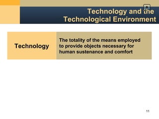 Technology and the  Technological Environment 0 Technology The totality of the means employed  to provide objects necessary for  human sustenance and comfort 