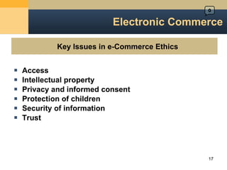 Electronic Commerce Access Intellectual property Privacy and informed consent Protection of children Security of information Trust 0 Key   Issues in e-Commerce Ethics  