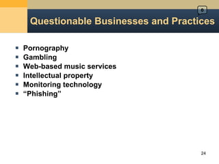 Pornography Gambling Web-based music services Intellectual property Monitoring technology “ Phishing” Questionable Businesses and Practices 0 