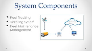 System Components
• Fleet Tracking
• Ticketing System
• Fleet Maintenance
Management
 