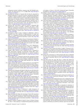 carbapenem-resistant multilocus sequence type 258 Klebsiella pneu-
moniae. Proc Natl Acad Sci U S A 111:4988–4993. https://doi.org/10
.1073/pnas.1321364111.
168. Giacobbe DR, Del Bono V, Trecarichi EM, De Rosa FG, Giannella M,
Bassetti M, Bartoloni A, Losito AR, Corcione S, Bartoletti M, Mantengoli
E, Safﬁoti C, Pagani N, Tedeschi S, Spanu T, Rossolini GM, Marchese A,
Ambretti S, Cauda R, Viale P, Viscoli C, Tumbarello M, ISGRI-SITA (Italian
Study Group on Resistant Infections of the Società Italiana Terapia
Antinfettiva). 2015. Risk factors for bloodstream infections due to
colistin-resistant KPC-producing Klebsiella pneumoniae: results from a
multicenter case-control-control study. Clin Microbiol Infect 21:
1106.e1–8. https://doi.org/10.1016/j.cmi.2015.08.001.
169. Queenan AM, Torres-Viera C, Gold HS, Carmeli Y, Eliopoulos GM,
Moellering RC, Quinn JP, Hindler J, Medeiros AA, Bush K. 2000.
SME-type carbapenem-hydrolyzing class A beta-lactamases from
geographically diverse Serratia marcescens strains. Antimicrob
Agents Chemother 44:3035–3039. https://doi.org/10.1128/AAC.44
.11.3035-3039.2000.
170. Hemarajata P, Amick T, Yang S, Gregson E, Holzmeyer C, Bush K,
Humphries RM. 2018. Selection of hyperproduction of AmpC and
SME-1 in a carbapenem-resistant Serratia marcescens isolate during
antibiotic therapy. J Antimicrob Chemother 73:1256–1262. https://doi
.org/10.1093/jac/dky028.
171. Zagorianou A, Sianou E, Iosiﬁdis E, Dimou V, Protonotariou E, Miyakis S,
Roilides E, Soﬁanou D. 2012. Microbiological and molecular character-
istics of carbapenemase-producing Klebsiella pneumoniae endemic in a
tertiary Greek hospital during 2004–2010. Euro Surveill 17:pii⫽20088.
https://doi.org/10.2807/ese.17.07.20088-en.
172. Liao IC, Chen HM, Wu JJ, Tsai PF, Wang LR, Yan JJ. 2011. Metallo-beta-
lactamase-producing Enterobacteriaceae isolates at a Taiwanese
hospital: lack of distinctive phenotypes for screening. APMIS 119:
543–550. https://doi.org/10.1111/j.1600-0463.2011.02772.x.
173. Fukigai S, Alba J, Kimura S, Iida T, Nishikura N, Ishii Y, Yamaguchi K.
2007. Nosocomial outbreak of genetically related IMP-1 beta-
lactamase-producing Klebsiella pneumoniae in a general hospital in
Japan. Int J Antimicrob Agents 29:306–310. https://doi.org/10.1016/j
.ijantimicag.2006.10.011.
174. Mano Y, Saga T, Ishii Y, Yoshizumi A, Bonomo RA, Yamaguchi K, Tateda
K. 2015. Molecular analysis of the integrons of metallo-beta-lactamase-
producing Pseudomonas aeruginosa isolates collected by nationwide
surveillance programs across Japan. BMC Microbiol 15:41. https://doi
.org/10.1186/s12866-015-0378-8.
175. Yong D, Toleman MA, Giske CG, Cho HS, Sundman K, Lee K, Walsh TR.
2009. Characterization of a new metallo-beta-lactamase gene, blaNDM-1,
and a novel erythromycin esterase gene carried on a unique genetic
structure in Klebsiella pneumoniae sequence type 14 from India. Anti-
microb Agents Chemother 53:5046–5054. https://doi.org/10.1128/AAC
.00774-09.
176. Castanheira M, Deshpande LM, Mathai D, Bell JM, Jones RN, Mendes RE.
2011. Early dissemination of NDM-1- and OXA-181-producing Entero-
bacteriaceae in Indian hospitals: report from the SENTRY Antimicrobial
Surveillance Program (2006—2007). Antimicrob Agents Chemother
55:1274–1278. https://doi.org/10.1128/AAC.01497-10.
177. Walsh TR, Weeks J, Livermore DM, Toleman MA. 2011. Dissemination of
NDM-1 positive bacteria in the New Delhi environment and its implica-
tions for human health: an environmental point prevalence study. Lancet
Infect Dis 11:355–362. https://doi.org/10.1016/S1473-3099(11)70059-7.
178. Lübbert C, Baars C, Dayakar A, Lippmann N, Rodloff AC, Kinzig M, Sorgel
F. 2017. Environmental pollution with antimicrobial agents from bulk
drug manufacturing industries in Hyderabad, South India, is associated
with dissemination of extended-spectrum beta-lactamase and
carbapenemase-producing pathogens. Infection 45:479–491. https://
doi.org/10.1007/s15010-017-1007-2.
179. Poirel L, Heritier C, Tolun V, Nordmann P. 2004. Emergence of
oxacillinase-mediated resistance to imipenem in Klebsiella pneumoniae.
Antimicrob Agents Chemother 48:15–22. https://doi.org/10.1128/AAC
.48.1.15-22.2004.
180. Sader HS, Mendes RE, Pfaller MA, Shortridge D, Flamm RK, Castanheira
M. 2018. Antimicrobial activities of aztreonam-avibactam and compar-
ator agents against contemporary (2016) clinical Enterobacteriaceae
isolates. Antimicrob Agents Chemother 62:e01856-17. https://doi.org/
10.1128/AAC.00311-18.
181. Gauthier L, Dortet L, Cotellon G, Creton E, Cuzon G, Ponties V, Bonnin
RA, Naas T. 2018. Diversity of carbapenemase-producing Escherichia
coli isolates in France in 2012–2013. Antimicrob Agents Chemother
62:e00266-18. https://doi.org/10.1128/AAC.00266-18.
182. Ortega A, Saez D, Bautista V, Fernandez-Romero S, Lara N, Aracil B,
Perez-Vazquez M, Campos J, Oteo J, Spanish Collaborating Group for the
Antibiotic Resistance Surveillance Programme. 2016. Carbapenemase-
producing Escherichia coli is becoming more prevalent in Spain mainly
because of the polyclonal dissemination of OXA-48. J Antimicrob Che-
mother 71:2131–2138. https://doi.org/10.1093/jac/dkw148.
183. Arana DM, Ortega A, Gonzalez-Barbera E, Lara N, Bautista V, Gomez-
Ruiz D, Saez D, Fernandez-Romero S, Aracil B, Perez-Vazquez M, Cam-
pos J, Oteo J, Spanish Antibiotic Resistance Surveillance Programme
Collaborating Group. 2017. Carbapenem-resistant Citrobacter spp. iso-
lated in Spain from 2013 to 2015 produced a variety of carbapen-
emases including VIM-1, OXA-48, KPC-2, NDM-1 and VIM-2. J Antimi-
crob Chemother 72:3283–3287. https://doi.org/10.1093/jac/dkx325.
184. Turton JF, Woodford N, Glover J, Yarde S, Kaufmann ME, Pitt TL. 2006.
Identiﬁcation of Acinetobacter baumannii by detection of the blaOXA-51-
like carbapenemase gene intrinsic to this species. J Clin Microbiol
44:2974–2976. https://doi.org/10.1128/JCM.01021-06.
185. Périchon B, Goussard S, Walewski V, Krizova L, Cerqueira G, Murphy C,
Feldgarden M, Wortman J, Clermont D, Nemec A, Courvalin P. 2014.
Identiﬁcation of 50 class D ␤-lactamases and 65 Acinetobacter-derived
cephalosporinases in Acinetobacter spp. Antimicrob Agents Chemother
58:936–949. https://doi.org/10.1128/AAC.01261-13.
186. Bonomo RA, Szabo D. 2006. Mechanisms of multidrug resistance in
Acinetobacter species and Pseudomonas aeruginosa. Clin Infect Dis
43(Suppl 2):S49–S56. https://doi.org/10.1086/504477.
187. Bush K. 1988. Recent developments in ␤-lactamase research and their
implications for the future. Rev Infect Dis 10:681–690. https://doi.org/
10.1093/clinids/10.4.681.
188. Thomson G, Turner D, Brasso W, Kircher S, Guillet T, Thomson K. 2017.
High-stringency evaluation of the automated BD Phoenix CPO detect
and Rapidec Carba NP tests for detection and classiﬁcation of carbap-
enemases. J Clin Microbiol 55:3437–3443. https://doi.org/10.1128/JCM
.01215-17.
189. Antunes NT, Lamoureaux TL, Toth M, Stewart NK, Frase H, Vakulenko
SB. 2014. Class D ␤-lactamases: are they all carbapenemases? Antimi-
crob Agents Chemother 58:2119–2125. https://doi.org/10.1128/AAC
.02522-13.
190. Hujer KM, Hamza NS, Hujer AM, Perez F, Helfand MS, Bethel CR,
Thomson JM, Anderson VE, Barlow M, Rice LB, Tenover FC, Bonomo RA.
2005. Identiﬁcation of a new allelic variant of the Acinetobacter bau-
mannii cephalosporinase, ADC-7 beta-lactamase: deﬁning a unique
family of class C enzymes. Antimicrob Agents Chemother 49:
2941–2948. https://doi.org/10.1128/AAC.49.7.2941-2948.2005.
191. Winkler ML, Papp-Wallace KM, Hujer AM, Domitrovic TN, Hujer KM,
Hurless KN, Tuohy M, Halld G, Bonomo RA. 2015. Unexpected chal-
lenges in treating multidrug-resistant Gram-negative bacteria: resis-
tance to ceftazidime-avibactam in archived isolates of Pseudomonas
aeruginosa. Antimicrob Agents Chemother 59:1020–1029. https://doi
.org/10.1128/AAC.04238-14.
192. Hall RM, Schwarz S. 2016. Resistance gene naming and numbering: is it
a new gene or not? J Antimicrob Chemother 71:569–571. https://doi
.org/10.1093/jac/dkv351.
193. Jacoby GA, Bonomo RA, Bradford PA, Bush K, Doi Y, Feldgarden M, Haft
D, Klimke W, Nordmann P, Palzkill T, Poirel L, Prasad A, Rossolini GM,
Walsh T. 2016. Comment on: resistance gene naming and numbering:
is it a new gene or not? J Antimicrob Chemother 71:2677–2678.
https://doi.org/10.1093/jac/dkw204.
194. Giske CG, Sundsfjord AS, Kahlmeter G, Woodford N, Nordmann P,
Paterson DL, Canton R, Walsh TR. 2009. Redeﬁning extended-spectrum
␤-lactamases: balancing science and clinical need. J Antimicrob Che-
mother 63:1–4. https://doi.org/10.1093/jac/dkn444.
195. Bush K, Jacoby GA, Amicosante G, Bonomo RA, Bradford P, Cornaglia G,
Garau J, Giamarellou H, Jarlier V, Martinez-Martinez L, Miriagou V,
Palzkill T, Pascual A, Rodriguez-Bano J, Rossolini GM, Sougakoff W,
Vatopoulos A. 2009. Comment on: redeﬁning extended-spectrum beta-
lactamases: balancing science and clinical need. J Antimicrob Che-
mother 64:212–213. https://doi.org/10.1093/jac/dkp104.
196. Bhavnani SM, Ambrose PG, Craig WA, Dudley MN, Jones RN, SENTRY
Antimicrobial Surveillance Program. 2006. Outcomes evaluation of pa-
tients with ESBL- and non-ESBL-producing Escherichia coli and Klebsiella
species as deﬁned by CLSI reference methods: report from the SENTRY
Minireview Antimicrobial Agents and Chemotherapy
October 2018 Volume 62 Issue 10 e01076-18 aac.asm.org 19
Downloaded
from
https://journals.asm.org/journal/aac
on
10
February
2025
by
2a0a:4cc0:0:10dd::c7.
 