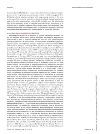iterations of unmodiﬁed ␤-lactams existed in natural environments and placed selective
pressure on the neighboring bacteria to evade a milieu of deleterious agents. When
␤-lactam-producing organisms compete with nonproducing bacteria in the same
environmental niche, survival strategies are quickly developed. Because bacteria, pos-
sibly the ﬁrst living organisms, have existed for 2.5 to 4 billion years (55, 56), there has
been a long incubation period for naturally occurring ␤-lactam biosynthesis to be
perfected and for neighboring bacteria to learn how to survive in the presence of these
molecules. Interestingly, mammalian enzymes, including serum proteins (57) and renal
dehydropeptidase (dipeptidase) (58), are also capable of hydrolyzing ␤-lactams.
␤-LACTAMASES IN GRAM-POSITIVE BACTERIA
Resistance to ␤-lactams can be mediated by multiple mechanisms. Because it is in
the best interest of the bacteria to maintain active PBPs, the ﬁrst line of defense would
appear to be for PBPs to alter their afﬁnities for ␤-lactams while maintaining their
physiological function (28). This approach has been utilized most effectively by Gram-
positive bacteria, where a primary resistance mechanism has been acquisition of PBPs
with decreased afﬁnity for common ␤-lactams (59). However, it took over 20 years of
penicillin usage before clinical isolates of penicillin-resistant S. pneumoniae (60, 61) and
penicillin/methicillin-resistant S. aureus (MRSA) were reported as a result of production
of low-afﬁnity PBP variants (62–64). Instead, penicillinases, or ␤-lactamases that hydro-
lyze penicillin, emerged as the initial resistance mechanism in S. aureus to challenge the
therapeutic use of this agent (65). The drug was used more extensively and promis-
cuously to treat nosocomial streptococcal infections previously associated with high
mortality (66), but, as collateral damage, staphylococci initially fully susceptible to
penicillin rapidly developed resistance as a result of penicillinase production. In a single
English hospital, the percentage of penicillinase-producing staphylococci increased
from 14% in 1946 to 59% in 1948 (67) and up to 80% in 1953 (66). More recently, a 2013
study of U.S. clinical isolates showed that 86.5% of all S. aureus isolates (75.6% of
methicillin-susceptible isolates) contained the penicillinase gene blaZ (68), indicating
that a subpopulation of methicillin-susceptible staphylococci has survived in the ab-
sence of either a low-afﬁnity PBP or the production of penicillinase. A transferable
penicillinase was also reported in a few clinical isolates of Enterococcus faecalis in the
1980s (69), with identical or closely homologous amino acid sequences as staphylo-
coccal penicillinases (70). A genomic analysis in 2005 demonstrated at least two
divergent origins (71). However, penicillinase-producing enterococci have not been
observed for the past decade and appear to have disappeared from these pathogens
(72). Another analysis of recent genomic data noted similarities among a set of 88
class A ␤-lactamases from Gram-positive bacteria and two enzymes from Gram-
negative bacteria, the ROB-1 penicillinase from Haemophilus inﬂuenzae, and the
ACl-1 enzyme from Acidaminococcus fermentans (73), possibly due to “trans-Gram
transfer” of ␤-lactamase genes between Gram-positive and Gram-negative bacteria.
In addition to the observed penicillinase production in Gram-positive clinical iso-
lates, enzymes with ␤-lactam-hydrolyzing properties from numerous environmental
bacilli were used by theoretical enzymologists as prototypical biochemical examples of
well-behaved enzymes (74, 75). Early studies with ␤-lactamases from Bacillus cereus (76),
Bacillus anthracis (77), and Bacillus licheniformis (78) provided tools on which future
biochemical studies of ␤-lactamases were based. Assay development, enzyme puriﬁ-
cation, induction properties, and identiﬁcation of a metal-dependent ␤-lactamase from
these bacilli were activities critical to the establishment of ␤-lactamases as important
enzymological entities (75, 79, 80). It is notable that the classical structural classiﬁcation
of ␤-lactamases initially proposed by Ambler in 1980 was based on ﬁve known amino
acid sequences, four of which were from enzymes originating in Gram-positive bacteria.
These included three class A penicillinases, PC1 from S. aureus, penicillinase from B.
licheniformis 749C, and the B. cereus 569/H ␤-lactamase I. The only class B metallo-␤-
lactamases (MBL) that had been sequenced and studied in any detail at the time was
the zinc-containing B. cereus 569/H ␤-lactamase II (14). The ﬁrst report of ␤-lactamases
Minireview Antimicrobial Agents and Chemotherapy
October 2018 Volume 62 Issue 10 e01076-18 aac.asm.org 6
Downloaded
from
https://journals.asm.org/journal/aac
on
10
February
2025
by
2a0a:4cc0:0:10dd::c7.
 