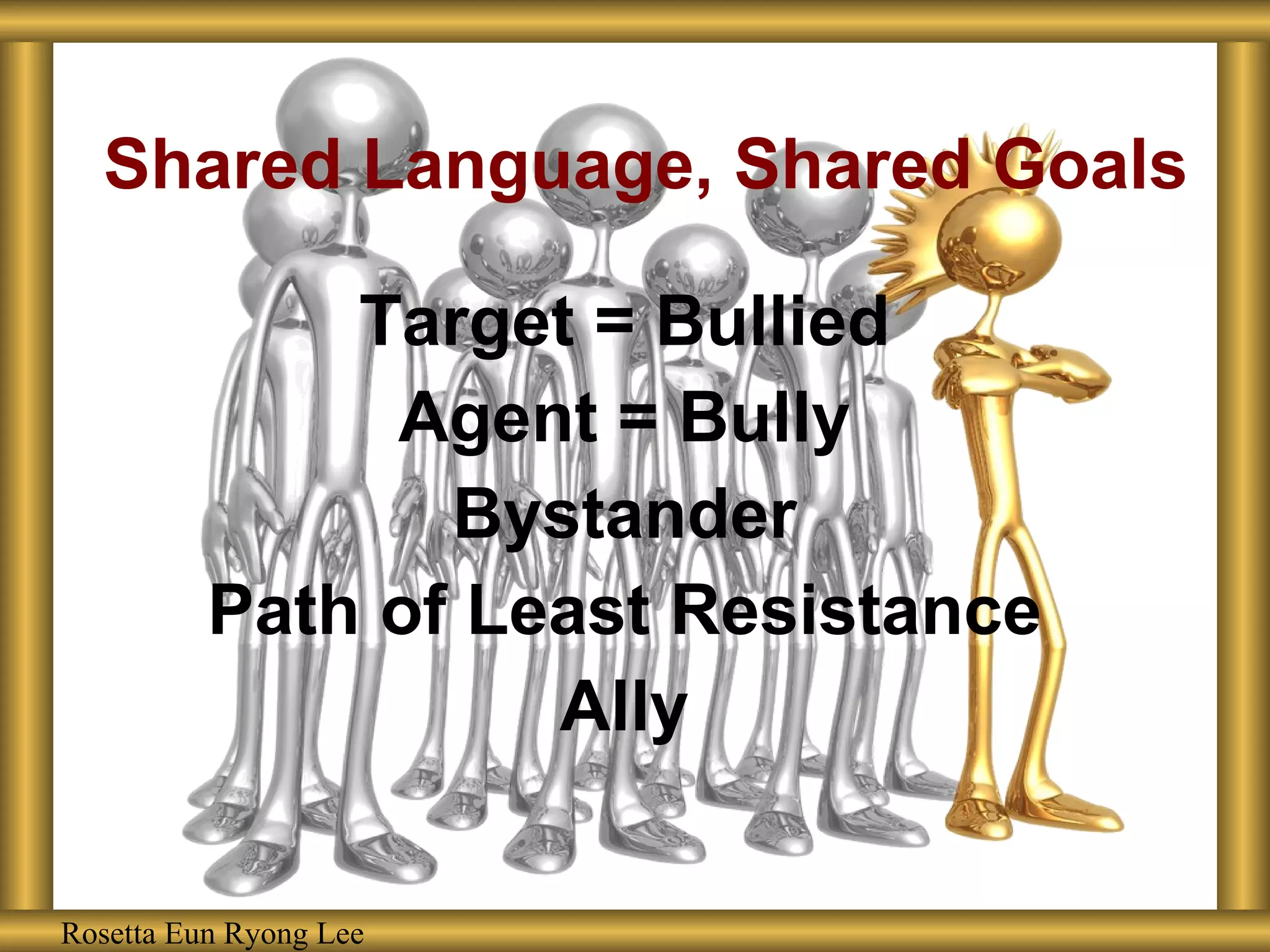 Shared Language, Shared Goals Target = Bullied Agent = Bully Bystander Path of Least Resistance Ally Rosetta Eun Ryong Lee 