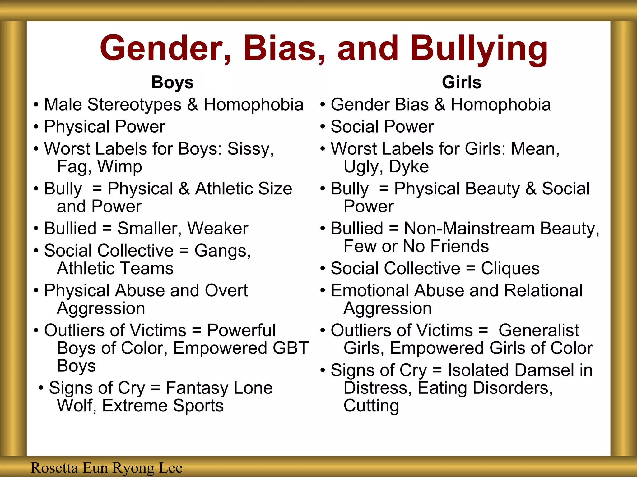 Gender, Bias, and Bullying Rosetta Eun Ryong Lee Rosetta Eun Ryong Lee Boys •  Male Stereotypes & Homophobia •  Physical Power •  Worst Labels for Boys: Sissy, Fag, Wimp •  Bully  = Physical & Athletic Size and Power •  Bullied = Smaller, Weaker •  Social Collective = Gangs, Athletic Teams •  Physical Abuse and Overt Aggression •  Outliers of Victims = Powerful Boys of Color, Empowered GBT Boys •  Signs of Cry = Fantasy Lone Wolf, Extreme Sports  Girls •  Gender Bias & Homophobia •  Social Power •  Worst Labels for Girls: Mean, Ugly, Dyke •  Bully  = Physical Beauty & Social Power •  Bullied = Non-Mainstream Beauty, Few or No Friends •  Social Collective = Cliques •  Emotional Abuse and Relational Aggression •  Outliers of Victims =  Generalist Girls, Empowered Girls of Color •  Signs of Cry = Isolated Damsel in Distress, Eating Disorders, Cutting 