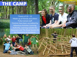•Teams of 10 – 15
   •Made up of friends and others
         •Fully trained staff
 •Centres have been accredited by
    Adventure Activties Licensing
   Authority, Learning outside the
Classroom and The Royal Society for
    the Prevention of Accidents
 
