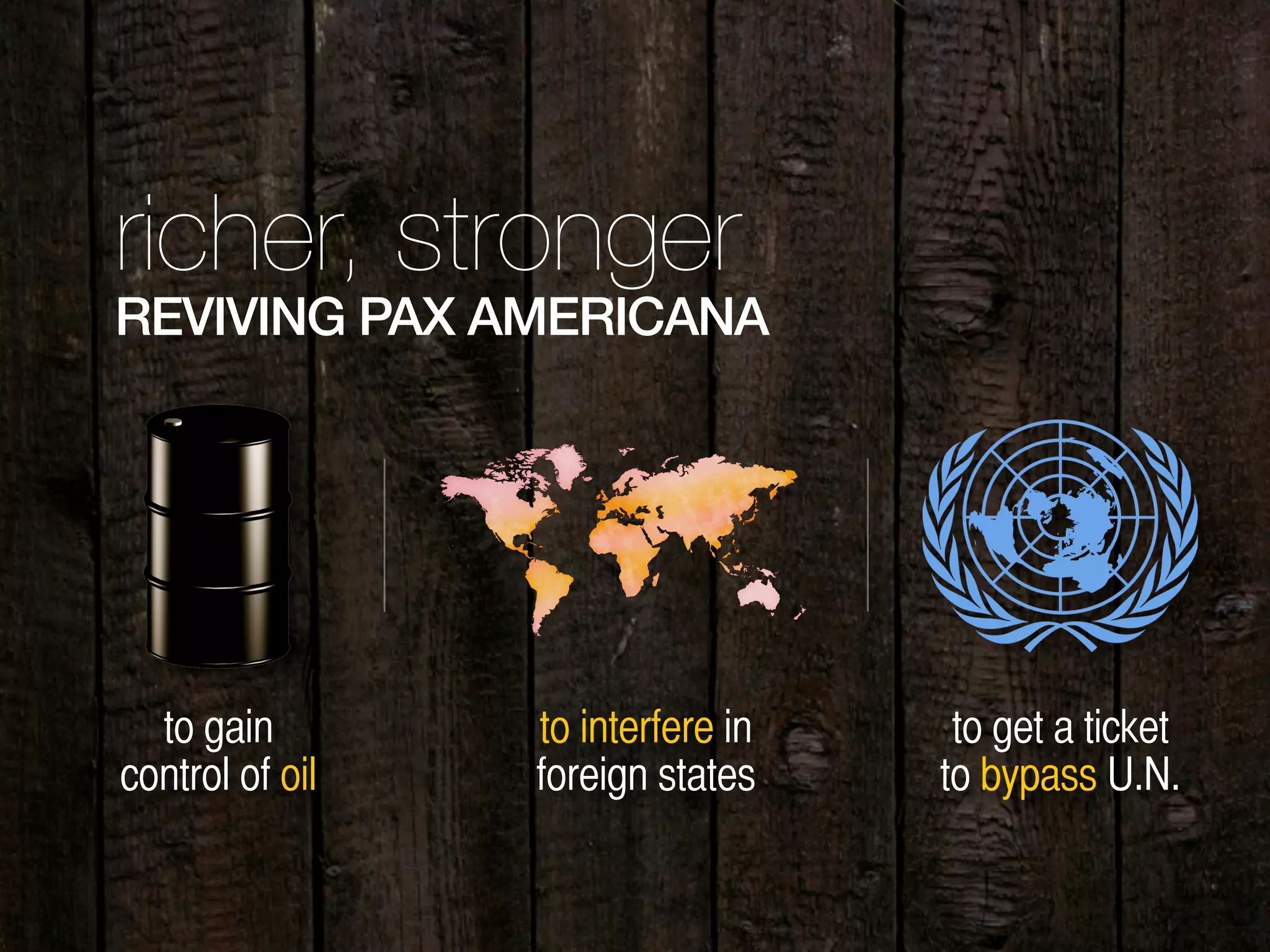 richer, stronger
REVIVING PAX AMERICANA
to gain
control of oil
to interfere in
foreign states
to get a ticket
to bypass U.N.
 