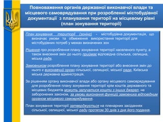 Повноваження органів державної виконавчої влади та
місцевого самоврядування при розробленні містобудівної
документації з планування території на місцевому рівні
(план зонування території)
План зонування території (зонінг) - містобудівна документація, що
визначає умови та обмеження використання території для
містобудівних потреб у межах визначених зон
Рішення про розроблення плану зонування території населеного пункту, а
також внесення змін до нього приймає відповідна сільська, селищна,
міська рада.
Замовником розроблення плану зонування території або внесення змін до
нього є виконавчий орган сільської, селищної, міської ради, Київська
міська державна адміністрація.
За рішенням органу виконавчої влади або органу місцевого самоврядування
для розроблення плану зонування території крім коштів державного та
місцевих бюджетів можуть залучатися кошти з інших джерел, не
заборонених законом, за умови виконання функцій замовника відповідним
органом місцевого самоврядування.
План зонування території затверджується на пленарних засіданнях
сільської, селищної, міської ради протягом 30 днів з дня його подання.
 