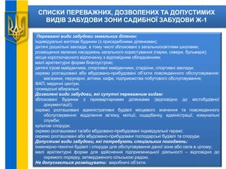 СПИСКИ ПЕРЕВАЖНИХ, ДОЗВОЛЕНИХ ТА ДОПУСТИМИХ
ВИДІВ ЗАБУДОВИ ЗОНИ САДИБНОЇ ЗАБУДОВИ Ж-1
Переважні види забудови земельних ділянок:
індивідуальні житлові будинки (з присадибними ділянками);
дитячі дошкільні заклади, в тому числі зблоковані з загальноосвітніми школами;
розміщення зелених насаджень загального користування (парки, сквери, бульвари);
місця короткочасного відпочинку з відповідним обладнанням;
малі архітектурні форми благоустрою;
дитячі ігрові майданчики, спортивні майданчики, стадіони, спортивні заклади.
окремо розташовані або вбудовано-прибудовані об’єкти повсякденного обслуговування:
магазини, перукарні, аптеки, кафе, підприємства побутового обслуговування;
ФАП, медичні центри.
громадські вбиральні.
Дозволені види забудови, які супутні переважним видам:
зблоковані будинки з приквартирними ділянками (відповідно до містобудівної
документації);
окремо розташовані адміністративні будівлі місцевого значення та повсякденного
обслуговування: відділення зв’язку, міліції, ощадбанку, адміністрації, комунальні
служби;
культові споруди;
окремо розташовані та/або вбудовано-прибудовані індивідуальні гаражі;
окремо розташовані або вбудовано-прибудовані господарські будівлі та споруди.
Допустимі види забудови, які потребують спеціальних погоджень:
інженерно-технічні будівлі і споруди для обслуговування даної зони або села в цілому;
малі архітектурні форми для здійснення підприємницької діяльності – відповідно до
окремого порядку, затвердженого сільською радою.
Не допускається розміщувати: виробничі об’єкти.
 