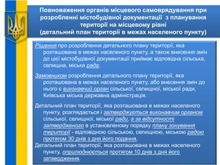 Повноваження органів місцевого самоврядування при
розробленні містобудівної документації з планування
території на місцевому рівні
(детальний план території в межах населеного пункту)
Рішення про розроблення детального плану території, яка
розташована в межах населеного пункту, а також внесення змін
до цієї містобудівної документації приймає відповідна сільська,
селищна, міська рада.
Замовником розроблення детального плану території, яка
розташована в межах населеного пункту, або внесення змін до
нього є виконавчий орган сільської, селищної, міської ради,
Київська міська державна адміністрація.
Детальний план території, яка розташована в межах населеного
пункту, розглядається і затверджується виконавчим органом
сільської, селищної, міської ради, а за відсутності
затвердженого в установленому порядку плану зонування
території - відповідною сільською, селищною, міською радою
протягом 30 днів з дня його подання.
Детальний план території, яка розташована в межах населеного
пункту, оприлюднюється протягом 10 днів з дня його
затвердження.
 