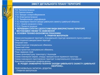 ЗМІСТ ДЕТАЛЬНОГО ПЛАНУ ТЕРИТОРІЇ
7.8. Теплопостачання
7.9. Газопостачання
7.9.1 Заходи з енергозбереження
7.10. Електропостачання
7.11. Телефонізація і радіофікація
7.12. Інженерно-технічні заходи цивільного захисту (цивільної оборони)
7.12.1. Аналіз сучасного стану
7.12.2. Проектні рішення
8. ПЕРЕВАЖНІ СУПУТНІ І ДОПУСТИМІ ВИДИ ВИКОРИСТАННЯ ТЕРИТОРІЇ,
МІСТОБУДІВНІ УМОВИ ТА ОБМЕЖЕННЯ
9. ОСНОВНІ ТЕХНІКО-ЕКОНОМІЧНІ ПОКАЗНИКИ
ІІ. ГРАФІЧНІ МАТЕРІАЛИ
Схема розташування території у планувальній структурі населеного пункту (району)
План існуючого використання території
Опорний план
Схема існуючих планувальних обмежень
Проектний план
Схема проектних планувальних обмежень
План червоних ліній
Схема організації руху транспорту і пішоходів
Схема інженерних мереж, споруд і використання підземного простору
Схема інженерного підготовлення території та вертикального планування
Креслення поперечних профілів вулиць
ІІІ. РОЗДІЛ «ІНЖЕНЕРНО-ТЕХНІЧНІ ЗАХОДИ ЦИВІЛЬНОГО ЗАХИСТУ (ЦИВІЛЬНОЇ
ОБОРОНИ)».
ПОЯСНЮВАЛЬНА ЗАПИСКА, ДОДАТКИ,
ГРАФІЧНІ МАТЕРІАЛИ
 