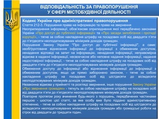 ВІДПОВІДАЛЬНІСТЬ ЗА ПРАВОПОРУШЕННЯ
У СФЕРІ МІСТОБУДІВНОЇ ДІЯЛЬНОСТІ
Кодекс України про адміністративні правопорушення
Стаття 212-3. Порушення права на інформацію та права на звернення
Неоприлюднення інформації, обов’язкове оприлюднення якої передбачено законами
України «Про доступ до публічної інформації» та «Про засади запобігання і протидії
корупції», - тягне за собою накладення штрафу на посадових осіб від двадцяти п’яти
до п’ятдесяти неоподатковуваних мінімумів доходів громадян.
Порушення Закону України "Про доступ до публічної інформації", а саме:
необґрунтоване віднесення інформації до інформації з обмеженим доступом,
ненадання відповіді на запит на інформацію, ненадання інформації, неправомірна
відмова в наданні інформації, несвоєчасне або неповне надання інформації, надання
недостовірної інформації, - тягне за собою накладення штрафу на посадових осіб від
двадцяти п’яти до п’ятдесяти неоподатковуваних мінімумів доходів громадян.
Обмеження доступу до інформації або віднесення інформації до інформації з
обмеженим доступом, якщо це прямо заборонено законом, - тягне за собою
накладення штрафу на посадових осіб від шістдесяти до вісімдесяти
неоподатковуваних мінімумів доходів громадян.
Незаконна відмова у прийнятті та розгляді звернення, інше порушення Закону України
«Про звернення громадян» - тягнуть за собою накладення штрафу на посадових осіб
від двадцяти п’яти до п’ятдесяти неоподатковуваних мінімумів доходів громадян.
Повторне протягом року вчинення будь-якого з порушень, передбачених частинами
першою - шостою цієї статті, за яке особу вже було піддано адміністративному
стягненню, - тягне за собою накладення штрафу на посадових осіб від шістдесяти до
вісімдесяти неоподатковуваних мінімумів доходів громадян або громадські роботи на
строк від двадцяти до тридцяти годин.
 