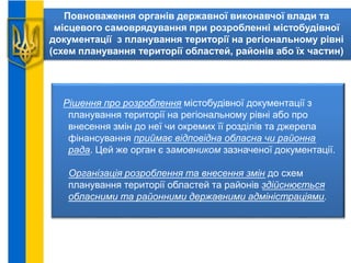 Повноваження органів державної виконавчої влади та
місцевого самоврядування при розробленні містобудівної
документації з планування території на регіональному рівні
(схем планування території областей, районів або їх частин)
Рішення про розроблення містобудівної документації з
планування території на регіональному рівні або про
внесення змін до неї чи окремих її розділів та джерела
фінансування приймає відповідна обласна чи районна
рада. Цей же орган є замовником зазначеної документації.
Організація розроблення та внесення змін до схем
планування території областей та районів здійснюється
обласними та районними державними адміністраціями.
 