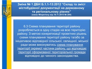Зміна № 1 ДБН Б.1.1-13:2012 “Склад та зміст
містобудівної документації на державному
та регіональному рівнях”
(наказ Мінрегіону від 18.11.2015 № 294)
6.3 Схема планування території району
розробляється в одну стадію на всю територію
району. З метою конкретизації проектних рішень
схеми планування території району та/або за
ініціативою відповідної сільської, селищної, міської
ради може виконуватись схема планування
території окремої частини району, що відповідає
території сформованої територіальної громади
відповідно до чинного законодавства.
 