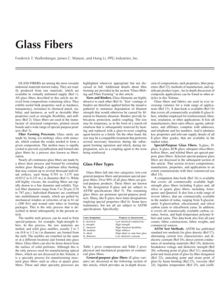 Glass Fibers
Frederick T. Wallenberger, James C. Watson, and Hong Li, PPG Industries, Inc.




   GLASS FIBERS are among the most versatile          highlighted wherever appropriate but not dis-             sion of compositions, melt properties, ﬁber prop-
industrial materials known today. They are read-      cussed in full. Additional details about ﬁber             erties (Ref 12), methods of manufacture, and sig-
ily produced from raw materials, which are            forming are provided in the section “Glass Melt-          niﬁcant product types. An in-depth discussion of
available in virtually unlimited supply (Ref 1).      ing and Fiber Forming” in this article.                   composite applications can be found in other ar-
All glass ﬁbers described in this article are de-        Sizes and Binders. Glass ﬁlaments are highly           ticles in this Volume.
rived from compositions containing silica. They       abrasive to each other (Ref 4). ’Size’ coatings or           Glass ﬁbers and fabrics are used in ever in-
exhibit useful bulk properties such as hardness,      binders are therefore applied before the strand is        creasing varieties for a wide range of applica-
transparency, resistance to chemical attack, sta-     gathered to minimize degradation of ﬁlament               tions (Ref 13). A data book is available (Ref 14)
bility, and inertness, as well as desirable ﬁber      strength that would otherwise be caused by ﬁl-            that covers all commercially available E-glass ﬁ-
properties such as strength, ﬂexibility, and stiff-   ament-to-ﬁlament abrasion. Binders provide lu-            bers, whether employed for reinforcement, ﬁltra-
ness (Ref 2). Glass ﬁbers are used in the manu-       brication, protection, and/or coupling. The size          tion, insulation, or other applications. It lists all
facture of structural composites, printed circuit     may be temporary, as in the form of a starch-oil          manufacturers, their sales ofﬁces, agents, subsid-
boards and a wide range of special-purpose prod-      emulsion that is subsequently removed by heat-            iaries, and afﬁliates, complete with addresses,
ucts (Ref 3).                                         ing and replaced with a glass-to-resin coupling           and telephone and fax numbers. And it tabulates
   Fiber Forming Processes. Glass melts are           agent known as a ﬁnish. On the other hand, the            key properties and relevant supply details of all
made by fusing (co-melting) silica with miner-        size may be a compatible treatment that performs          E-glass ﬁber grades, that are available in the
als, which contain the oxides needed to form a        several necessary functions during the subse-             market today.
given composition. The molten mass is rapidly         quent forming operation and which, during im-                Special-Purpose Glass Fibers. S-glass, D-
cooled to prevent crystallization and formed into     pregnation, acts as a coupling agent to the resin         glass, A-glass, ECR-glass, ultrapure silica ﬁbers,
glass ﬁbers by a process also known as ﬁberi-         being reinforced.                                         hollow ﬁbers, and trilobal ﬁbers are special-pur-
zation.                                                                                                         pose glass ﬁbers. Selected special-purpose glass
   Nearly all continuous glass ﬁbers are made by                                                                ﬁbers are discussed in the subsequent section of
a direct draw process and formed by extruding         Glass Fiber Types                                         this article. That section reviews compositions,
molten glass through a platinum alloy bushing                                                                   manufacture, properties, and applications to an
that may contain up to several thousand individ-                                                                extent commensurate with their commercial use
                                                         Glass ﬁbers fall into two categories, low-cost
ual oriﬁces, each being 0.793 to 3.175 mm                                                                       (Ref 15).
                                                      general-purpose ﬁbers and premium special-pur-
(0.0312 to 0.125 in.) in diameter (Ref 1). While                                                                   A companion data book (Ref 16) is available
                                                      pose ﬁbers. Over 90% of all glass ﬁbers are gen-
still highly viscous, the resulting ﬁbers are rap-                                                              that covers all commercially available high-
                                                      eral-purpose products. These ﬁbers are known
idly drawn to a ﬁne diameter and solidify. Typ-                                                                 strength glass ﬁbers including S-glass and, all
                                                      by the designation E-glass and are subject to
ical ﬁber diameters range from 3 to 20 lm (118                                                                  silica or quartz glass ﬁbers, including Astro-
                                                      ASTM speciﬁcations (Ref 5). The remaining
to 787 lin.). Individual ﬁlaments are combined                                                                  quartz and Quartzel. It also lists a wide range of
                                                      glass ﬁbers are premium special-purpose prod-
into multiﬁlament strands, which are pulled by                                                                  woven fabrics, that are commercially available
                                                      ucts. Many, like E-glass, have letter designations
mechanical winders at velocities of up to 61 m/                                                                 in the market of today, ranging from S-glass/ar-
                                                      implying special properties (Ref 6). Some have
s (200 ft/s) and wound onto tubes or forming                                                                    amid, S-glass/carbon, silica/aramid, and silica/
                                                      tradenames, but not all are subject to ASTM
packages. This is the only process that is de-                                                                  carbon yarns to silica/boron yarns. In addition,
                                                      speciﬁcations. Speciﬁcally:
scribed in detail subsequently in the present ar-                                                               it covers all commercially available carbon, ce-
ticle.                                                                                                          ramic, boron, and high-temperature polymer ﬁ-
   The marble melt process can be used to form        Letter designation          Property or characteristic    bers and yarns. This data book also lists all yarn
special-purpose, for example, high-strength ﬁ-        E, electrical            Low electrical conductivity      counts, fabric constructions, fabric weights, and
bers. In this process, the raw materials are          S, strength              High strength                    commercial sources.
                                                      C, chemical              High chemical durability
melted, and solid glass marbles, usually 2 to 3       M, modulus               High stiffness
                                                                                                                   ASTM Test Methods. ASTM has published
cm (0.8 to 1.2 in.) in diameter, are formed from      A, alkali                High alkali or soda lime glass   standard test methods for glass density (Ref 17),
the melt. The marbles are remelted (at the same       D, dielectric            Low dielectric constant          alternating current loss characteristics and di-
or at a different location) and formed into glass                                                               electric constant (Ref 18), direct current conduc-
ﬁbers. Glass ﬁbers can also be down drawn from                                                                  tance of insulating materials (Ref 19), dielectric
the surface of solid preforms. Although this is       Table 1 gives compositions and Table 2 gives              breakdown voltage and dielectric strength (Ref
the only process used for manufacturing optical       physical and mechanical properties of commer-             20), softening point of glass (Ref 21), annealing
ﬁbers, which are not discussed in this Volume, it     cial glass ﬁbers.                                         point and strain point of glass by ﬁber elongation
is a specialty process for manufacturing struc-          General-purpose glass ﬁbers (E-glass vari-             (Ref 22), annealing point and strain point of
tural glass ﬁbers such as silica or quartz glass      ants) are discussed in the following section of           glass by beam bending (Ref 23), viscosity (Ref
ﬁbers. These and other specialty processes are        this article, which provides an in-depth discus-          24), liquidus temperature (Ref 25), and coefﬁ-
 