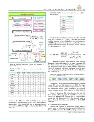 Int. J. Com. Dig. Sys. 15, No.1, 221-238 (Jan-24) 229
Figure 8. Retrieving DBRs using LSI and FCA techniques —
BushraDBR approach.
TABLE VII. TDM for bug documents from the DSA data set
(partial).
0001 0002 0003 0004 0005 0006
method 0 0 1 0 0 0
art 0 0 0 0 0 3
site 0 0 0 0 0 3
mouse 0 0 0 0 0 3
wheel 0 0 0 0 0 3
pixel 0 0 0 0 2 0
function 0 3 1 1 1 0
content 0 0 0 0 0 2
draw 1 3 1 3 3 0
oval 0 3 0 0 0 0
image 0 3 0 0 0 0
slow 3 0 0 1 0 0
.. .. .. .. .. .. ..
uments in the BTS (i.e., 0001 to 0006) for the query
document (i.e., bug with the ID 0007), which is the new bug
document (i.e., Nr). BushraDBR sets the weights of terms
and constructs TDM and TQM as illustrated in Tables VII
and VIII.
TABLE VIII. TQM for the query document (i.e., Nr) from the DSA
data set (partial).
000007
art 2
wheel 2
site 2
use 1
scroll 3
well 1
content 1
mouse 2
.. ..
Similarity between bug documents (i.e., Nr and BRs
from BRE) is defined by a CSM (cf. Table IX). The columns
of CSM represent vectors of BRs from BRE, while the rows
of CSM represent vectors of queries (i.e., Nr). Equation 1
provides a Cosine Similarity (CS) that is used to calculate
TS between BRs [77] [78].
CS (BRq, BRj) =
−
−
→
BRq ·
−
−
→
BRj
|
−
−
−
→
BRq||
−
−
→
BRj|
=
n
P
i=1
Wi,q ∗ Wi, j
r
n
P
i=1
W2
i,q
r
n
P
i=1
W2
i,j
(1)
TS between documents is calculated as a CS shown in
Equation 1, where BRq stands for the query vector and BRj
for the document vector. While the Wi,q and Wi,j measure
the weights of query and document vectors, respectively.
Table IX shows the calculated similarity scores between
the submitted BR (i.e., bug with ID 7) and the BRs from
the DSA data set.
TABLE IX. Similarity scores (or CSM) of the DSA data set
(i.e., query and BR documents).
000001 000002 000003 000004 000005 000006
7 -0.00043 0.01088 -0.03496 0.00317 0.00014 0.99932
Algorithm 2 shows the step-by-step procedure for mea-
suring TS between BR documents via LSI. The input
instances of this algorithm are the query document (i.e., Nr),
BR documents, and the chosen threshold (Thr), while the
output instances are the CSM and a list of DBRs (LDRs).
Figure 9 shows the TS values between Nr and BRs
from DSA as a directed graph. BushraDBR uses an external
library (i.e., Graphviz) to visualize the TS values between
query and BR documents [79]. The directed graph in
Figure 9 clearly shows the retrieved DBRs by BushraDBR
approach.
C. Retrieving DBRs using FCA
BushraDBR employs FCA to cluster similar BRs to-
gether based on LSI results (i.e., the numerical CS matrix).
BushraDBR transforms the CSM resulting from the LSI
https://journal.uob.edu.bh/
 