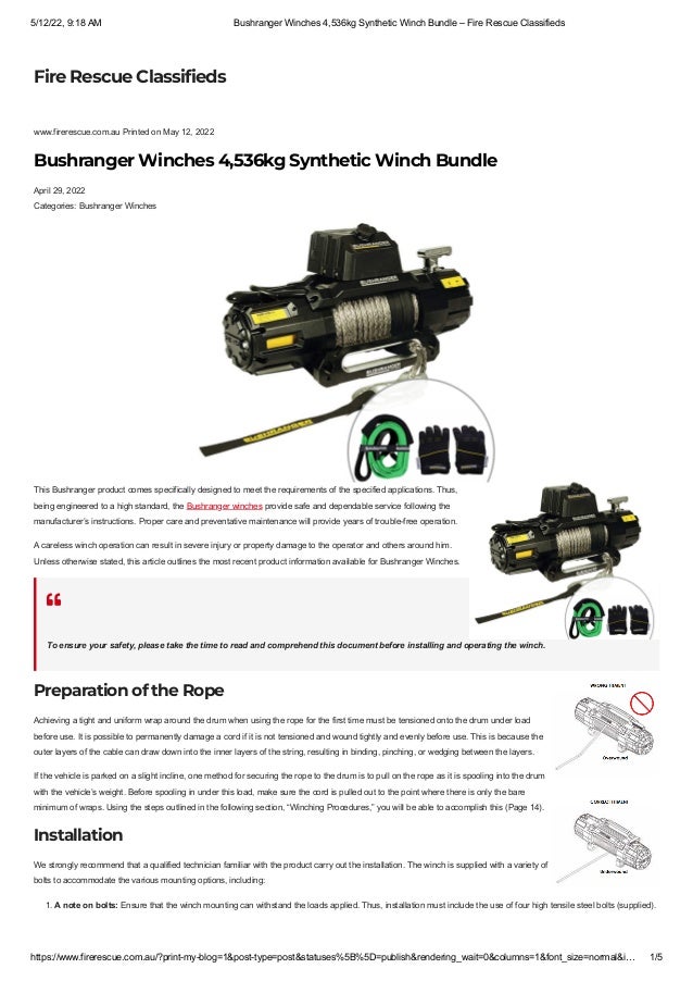Bushranger Winches 4,536kg Synthetic Winch Bundle Fire Rescue