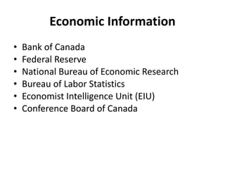 Economic Information Bank of Canada Federal Reserve National Bureau of Economic Research Bureau of Labor Statistics Economist Intelligence Unit (EIU) Conference Board of Canada 
