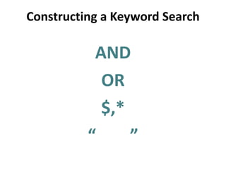 Constructing a Keyword Search AND OR $,* “  ” 