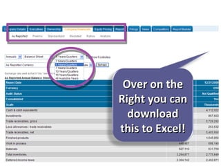 Mergent Online Over on the Right you can download this to Excel! 