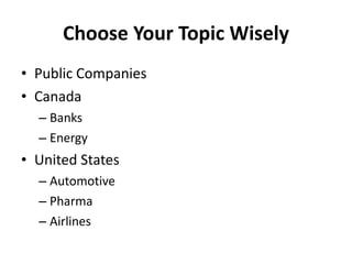 Choose Your Topic Wisely Public Companies Canada Banks Energy United States Automotive Pharma Airlines 