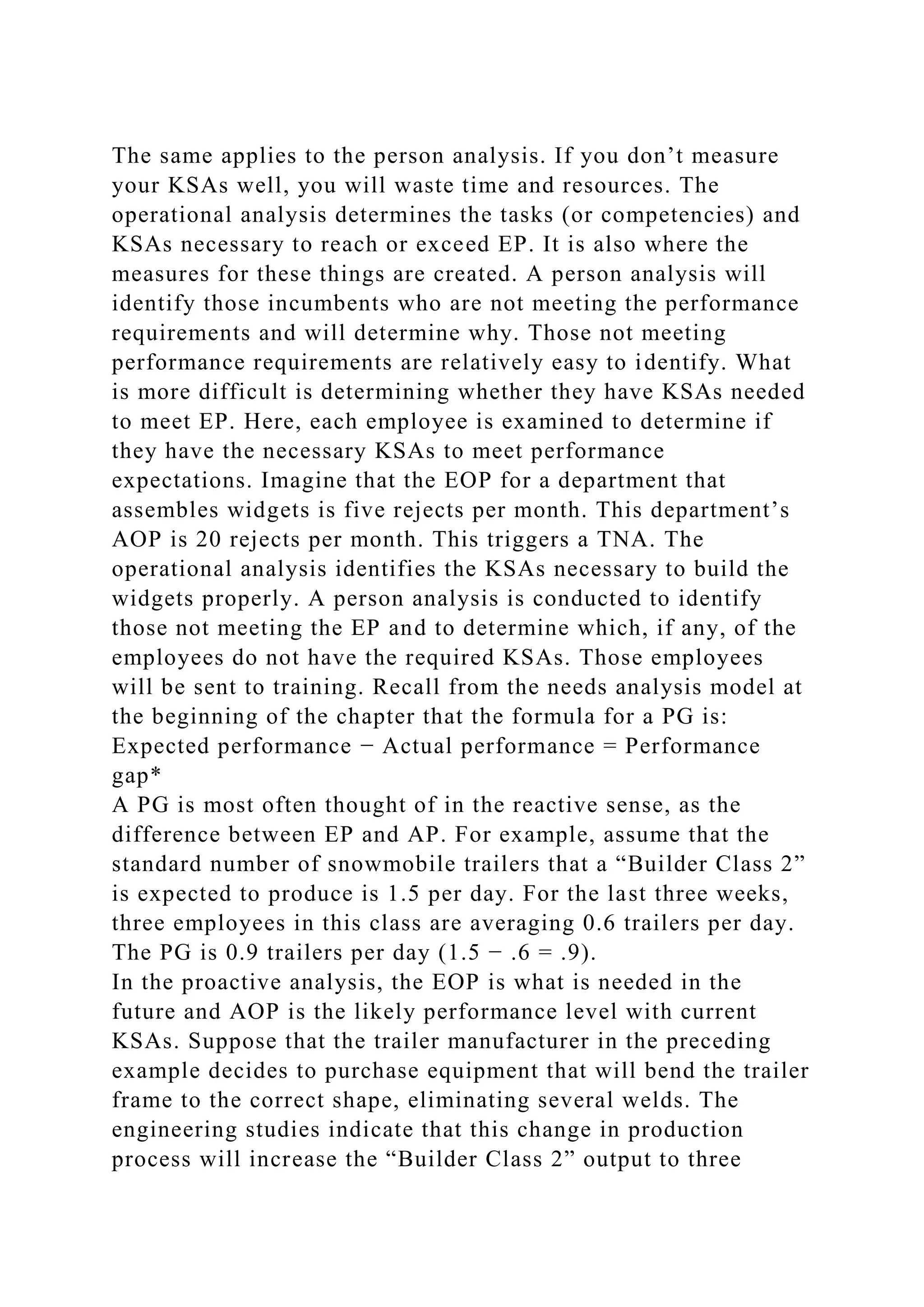 The same applies to the person analysis. If you don’t measure
your KSAs well, you will waste time and resources. The
operational analysis determines the tasks (or competencies) and
KSAs necessary to reach or exceed EP. It is also where the
measures for these things are created. A person analysis will
identify those incumbents who are not meeting the performance
requirements and will determine why. Those not meeting
performance requirements are relatively easy to identify. What
is more difficult is determining whether they have KSAs needed
to meet EP. Here, each employee is examined to determine if
they have the necessary KSAs to meet performance
expectations. Imagine that the EOP for a department that
assembles widgets is five rejects per month. This department’s
AOP is 20 rejects per month. This triggers a TNA. The
operational analysis identifies the KSAs necessary to build the
widgets properly. A person analysis is conducted to identify
those not meeting the EP and to determine which, if any, of the
employees do not have the required KSAs. Those employees
will be sent to training. Recall from the needs analysis model at
the beginning of the chapter that the formula for a PG is:
Expected performance − Actual performance = Performance
gap*
A PG is most often thought of in the reactive sense, as the
difference between EP and AP. For example, assume that the
standard number of snowmobile trailers that a “Builder Class 2”
is expected to produce is 1.5 per day. For the last three weeks,
three employees in this class are averaging 0.6 trailers per day.
The PG is 0.9 trailers per day (1.5 − .6 = .9).
In the proactive analysis, the EOP is what is needed in the
future and AOP is the likely performance level with current
KSAs. Suppose that the trailer manufacturer in the preceding
example decides to purchase equipment that will bend the trailer
frame to the correct shape, eliminating several welds. The
engineering studies indicate that this change in production
process will increase the “Builder Class 2” output to three
 