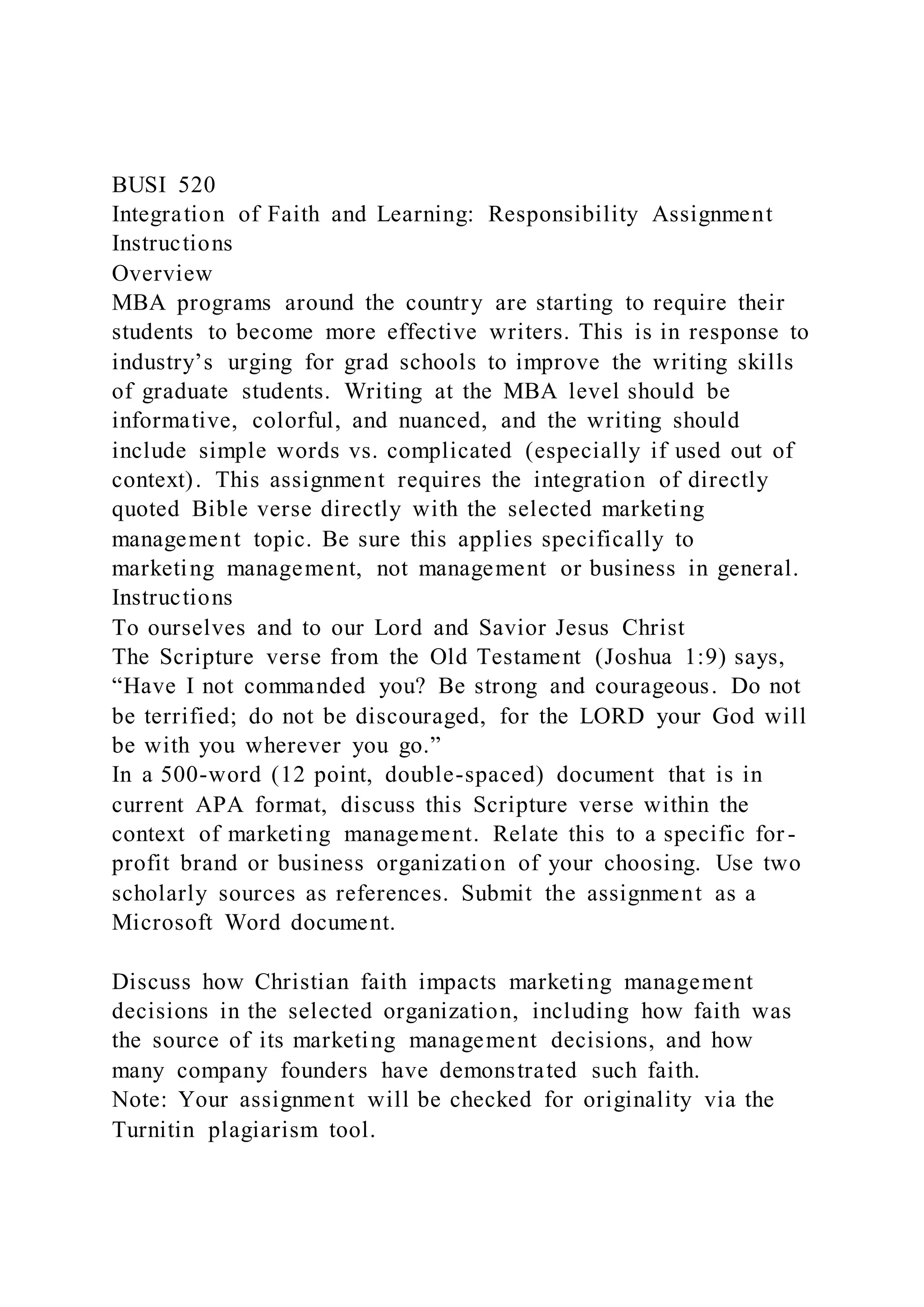 BUSI 520Integration of Faith and Learning Responsibility Assign | DOCX