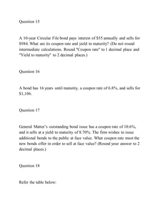 Question 15
A 10-year Circular File bond pays interest of $55 annually and sells for
$984. What are its coupon rate and yield to maturity? (Do not round
intermediate calculations. Round "Coupon rate" to 1 decimal place and
"Yield to maturity" to 2 decimal places.)
Question 16
A bond has 16 years until maturity, a coupon rate of 6.8%, and sells for
$1,106.
Question 17
General Matter’s outstanding bond issue has a coupon rate of 10.6%,
and it sells at a yield to maturity of 8.70%. The firm wishes to issue
additional bonds to the public at face value. What coupon rate must the
new bonds offer in order to sell at face value? (Round your answer to 2
decimal places.)
Question 18
Refer the table below:
 